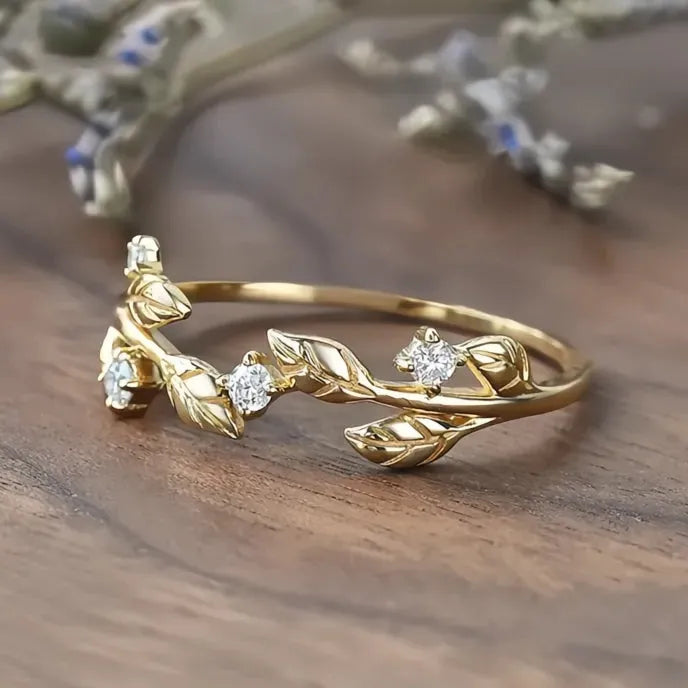 Gold Color Leaf Ring for Women Wedding Band Brass Cubic Zirconia Crystal Jewelry