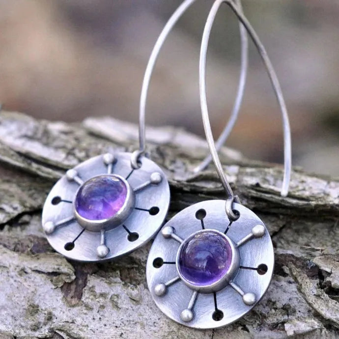Vintage Silver Metal Purple Stone Circular Pendant Drop Earrings for Women
