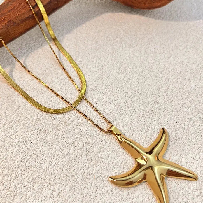 Retro Starfish Butterfly Pendants Polished Metal PVD Hypoallergenic Snake Chain Necklace