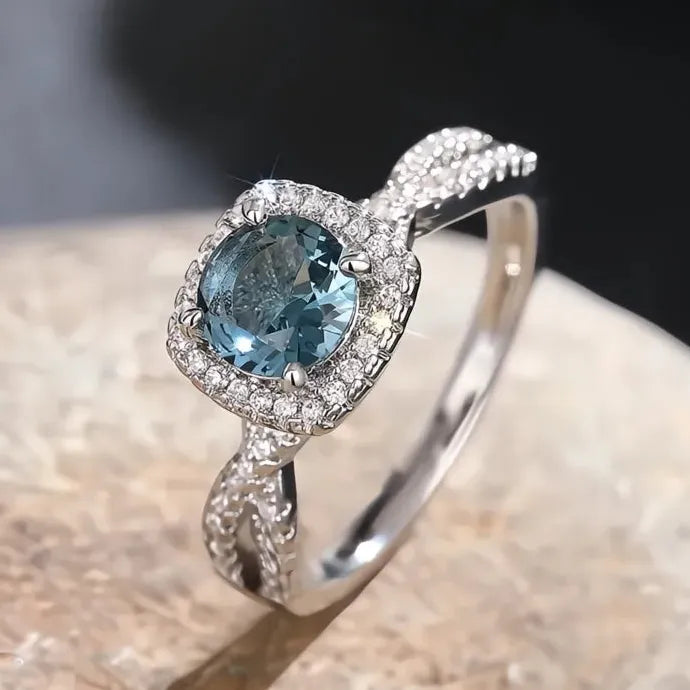 Women Silver Brass Ring with Blue CZ Cubic Zirconia for Party Wedding Jewelry