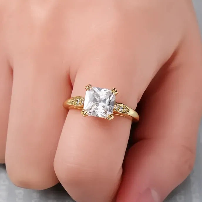 Luxury Princess Square Cubic Zirconia Wedding Engagement Ring for Women Gold Color Brass Band