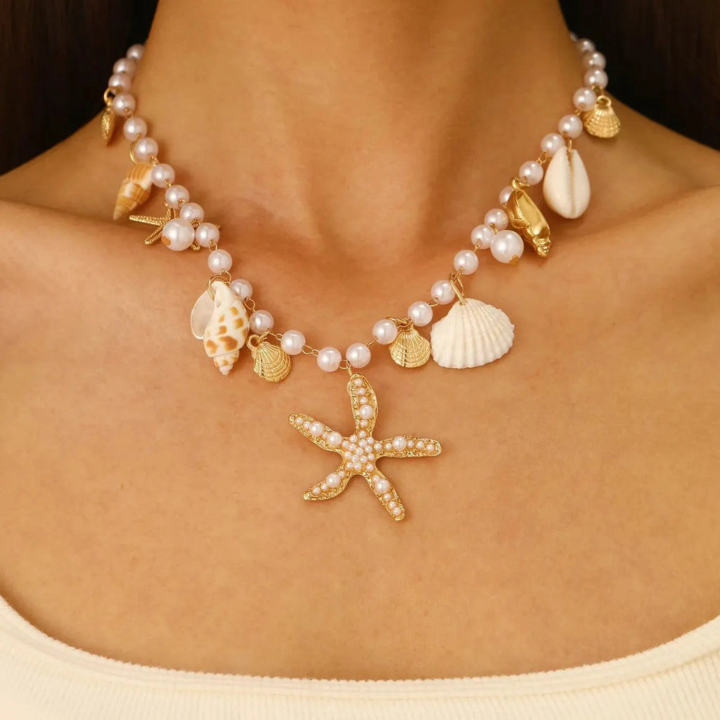 Bohemian Starfish Conch Pearl Necklace with Zinc Alloy Shell Pendant
