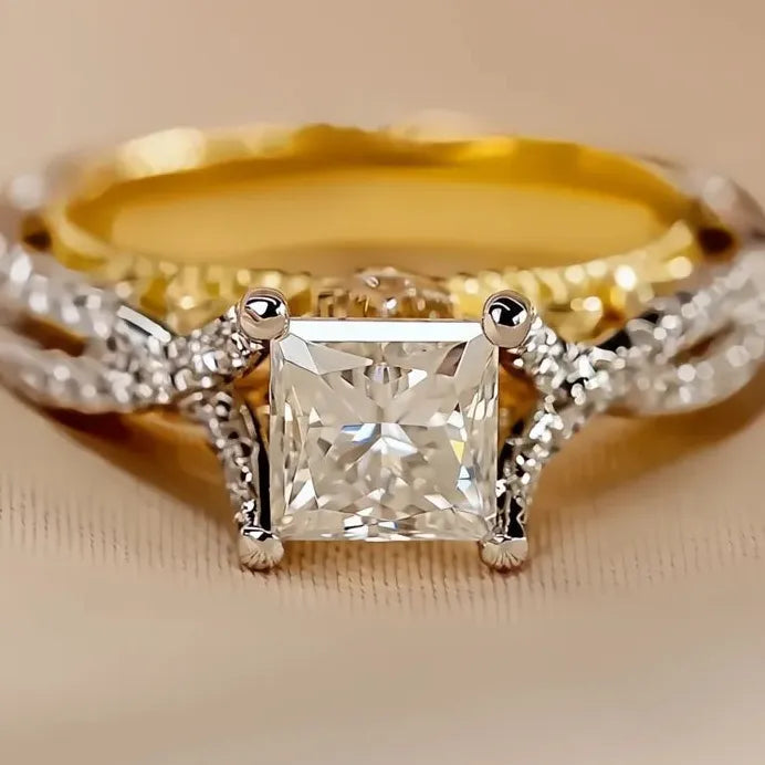 Two-Tone Square CZ Geometric Princess Style Wedding Band Ring Women
