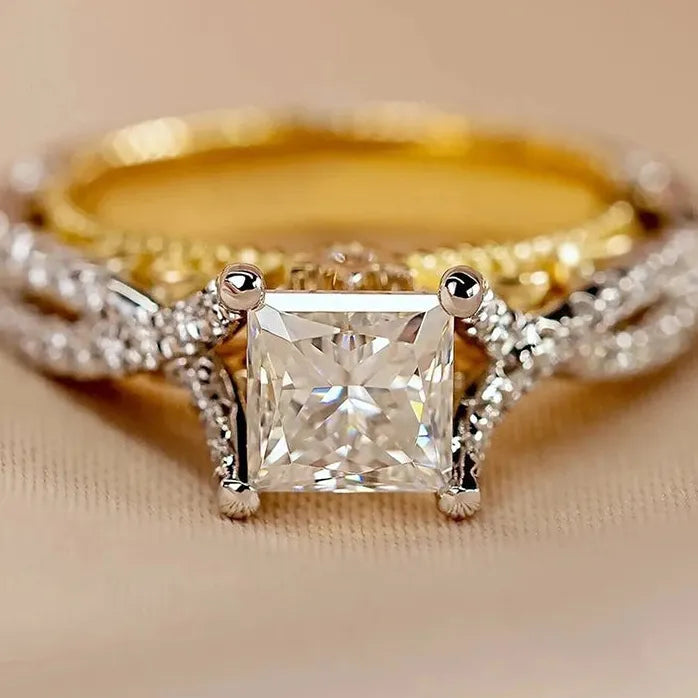 Two-tone Geometric CZ Brass Wedding Band Ring for Women