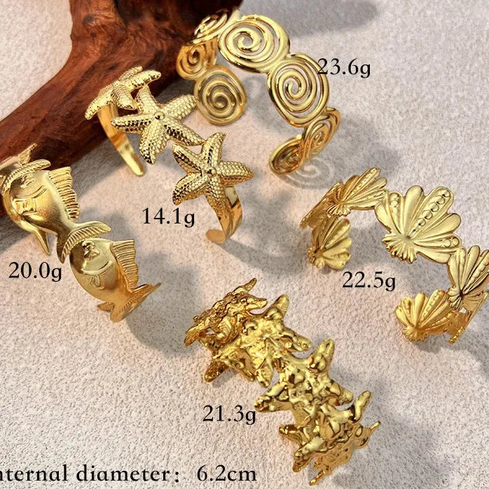 Vintage Ocean Lava Textured Starfish Coral Gold Plated Stainless Steel Cuff Bracelet