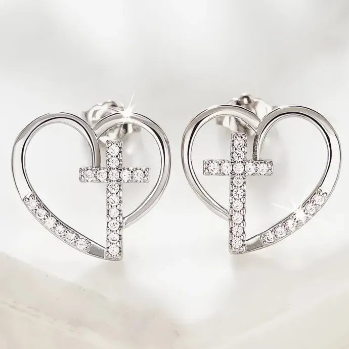 Heart Cross Cubic Zirconia Stud Earrings Copper Alloy Religious Jewelry Gift