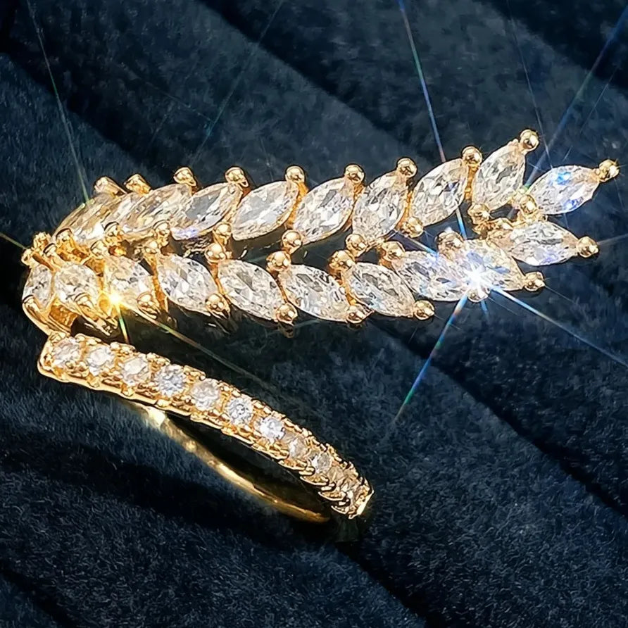 Elegant Luxury Women's Brass Ring with Leaf Flower Cubic Zirconia Design