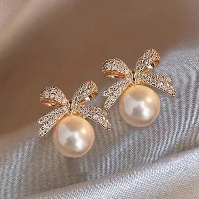French Elegant Copper Alloy Bowknot Pearl Pendant Drop Earrings 2024 Jewelry Women
