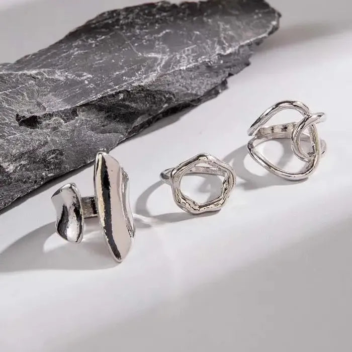 Punk Hiphop Asymmetrical Geometric Hollow Ring Set for Women Party Jewelry