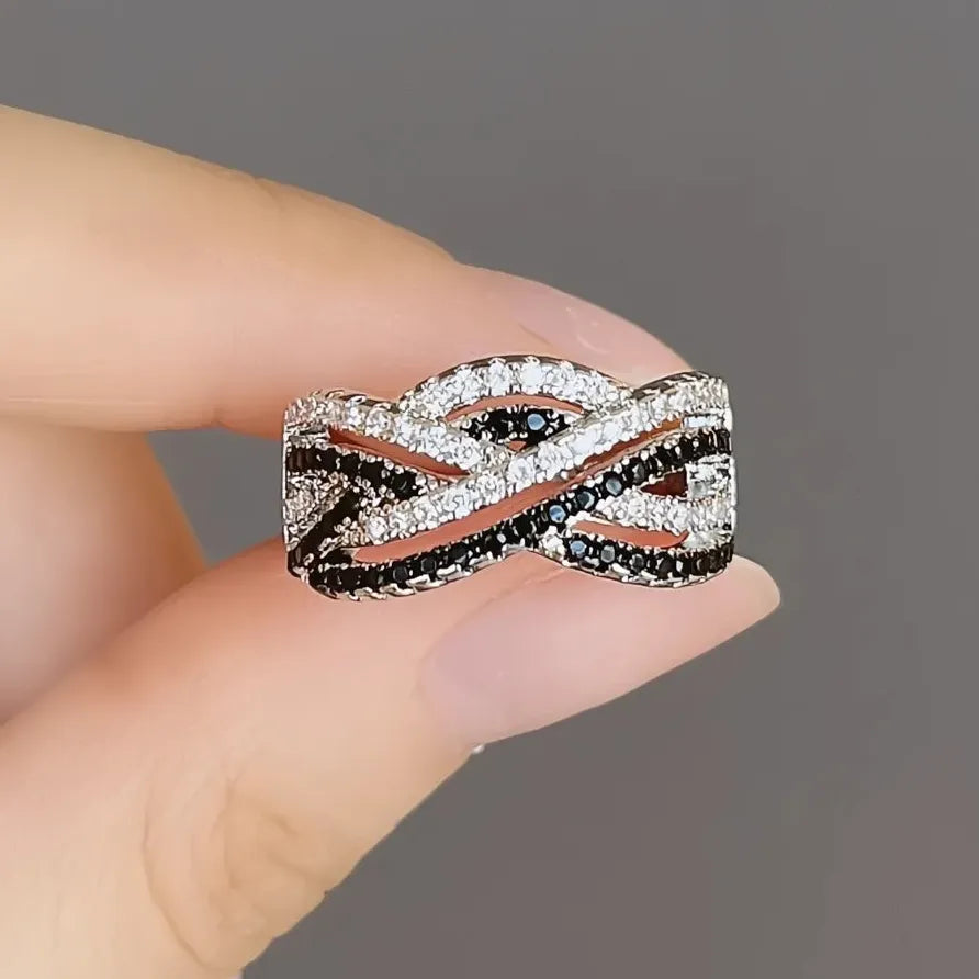 Women’s Black & White Twist Cubic Zirconia Ring for Party & Daily Wear