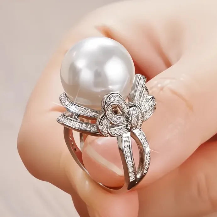 Bowknot Finger Ring with Simulated Pearl & CZ Brass Wedding Party Jewelry