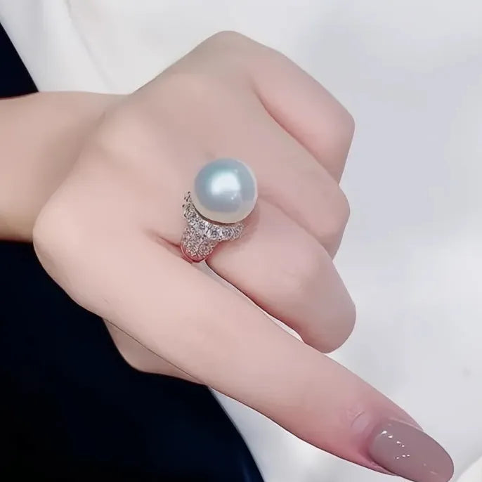 Iced Out CZ Simulated Pearl Wedding Ring for Women Silver Brass Full Bling