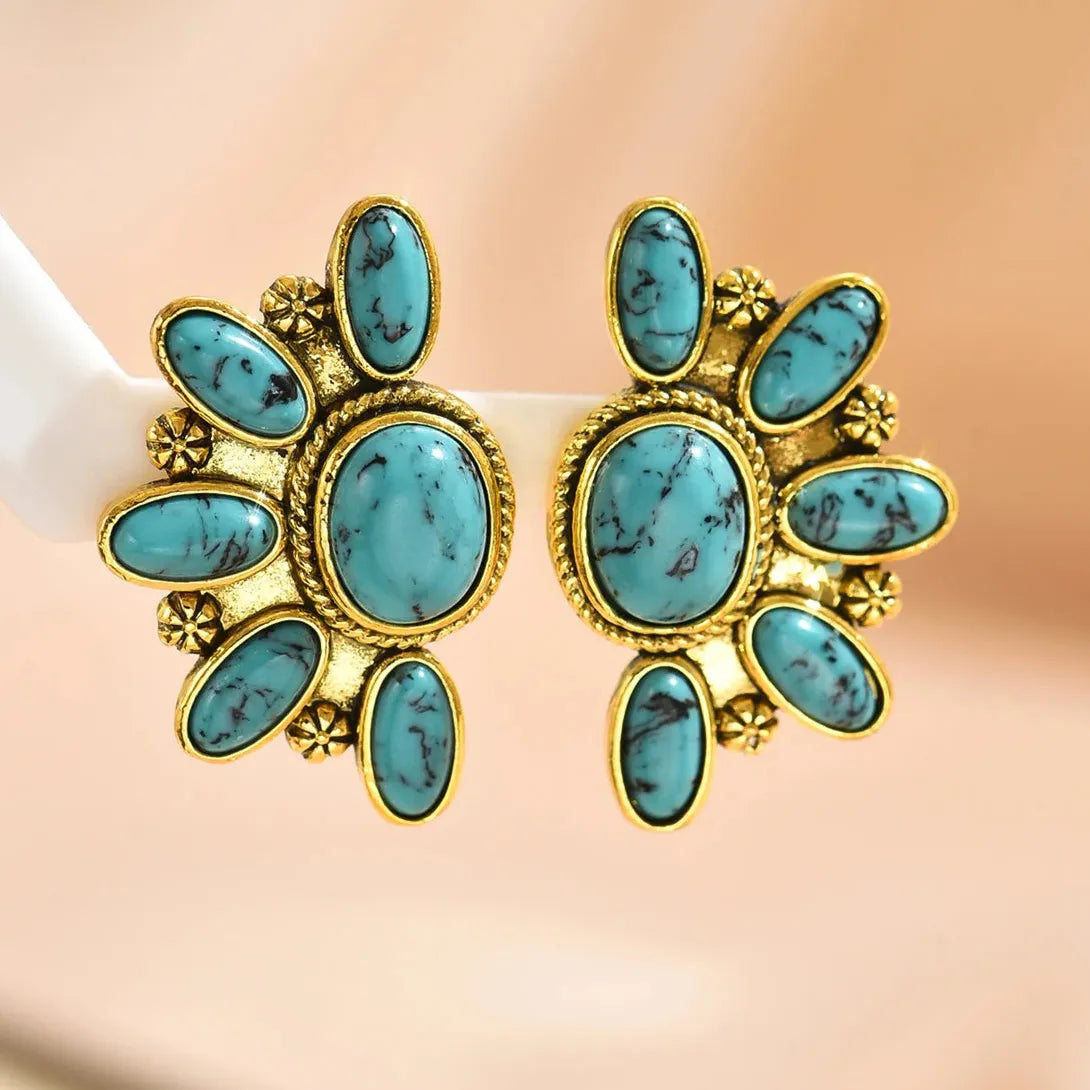 Vintage Tribal Ethnic Blue Rose Red Gemstone Zinc Alloy Earrings for Women