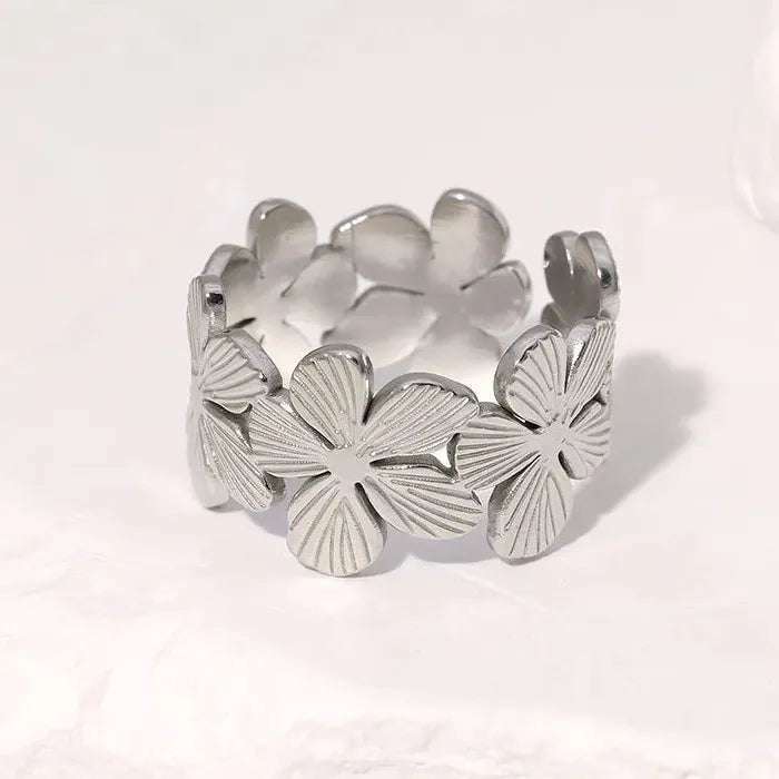 Vintage Stainless Steel Daisy Flower Ring Women Open Band Jewelry Gift