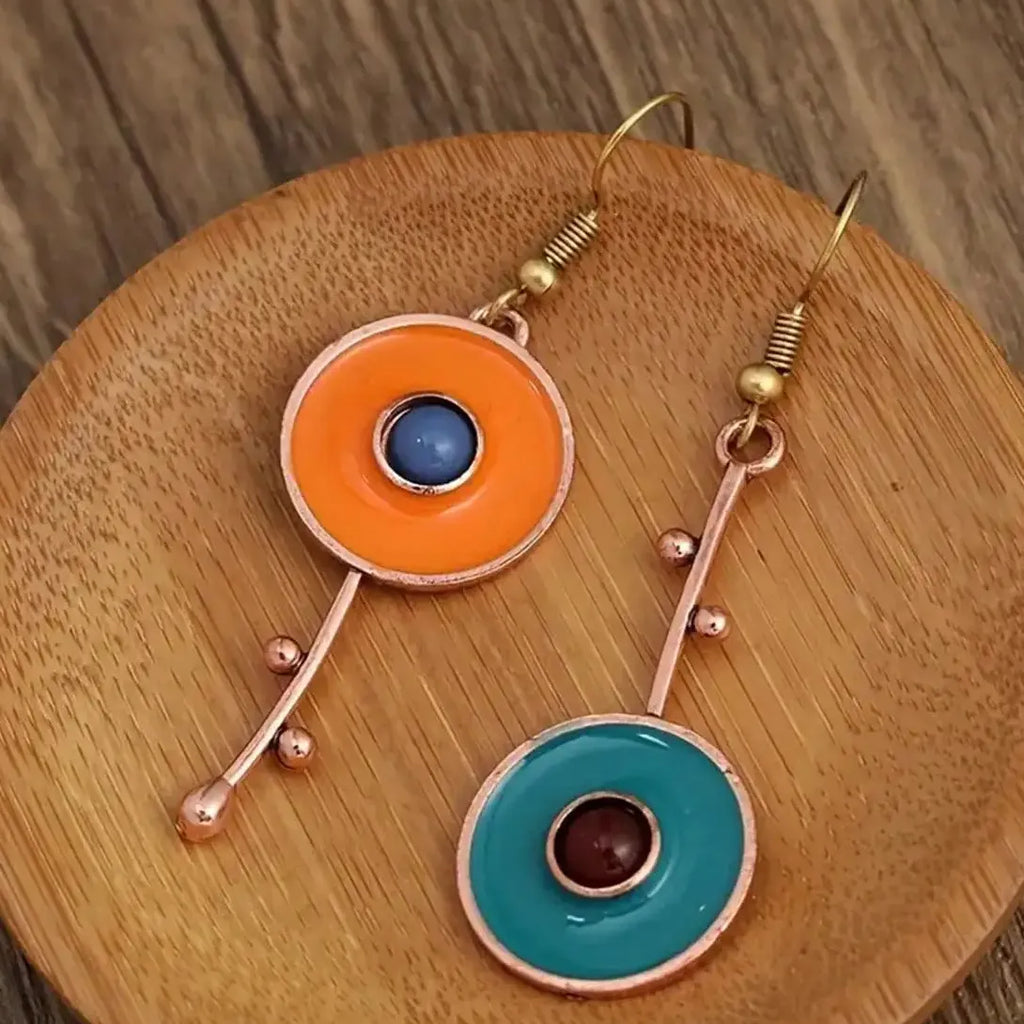 Bronze Metal Drop Earrings with Orange Blue Stone for Women Ethnic Jewelry