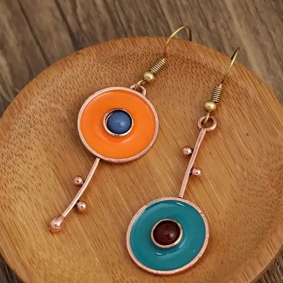 Bronze Metal Drop Earrings with Orange Blue Stone for Women Ethnic Jewelry