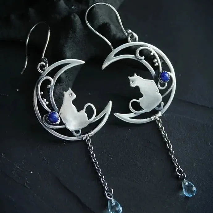 Vintage Cute Cat Moon Zinc Alloy Drop Earrings for Women Fashion Jewelry