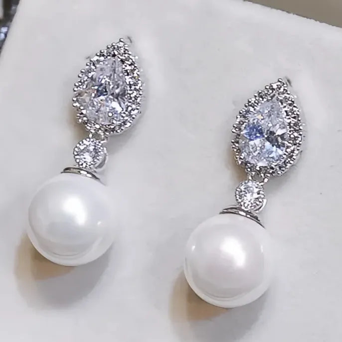 Luxury Bride Pearl Cubic Zirconia Drop Earrings Copper Alloy Jewelry