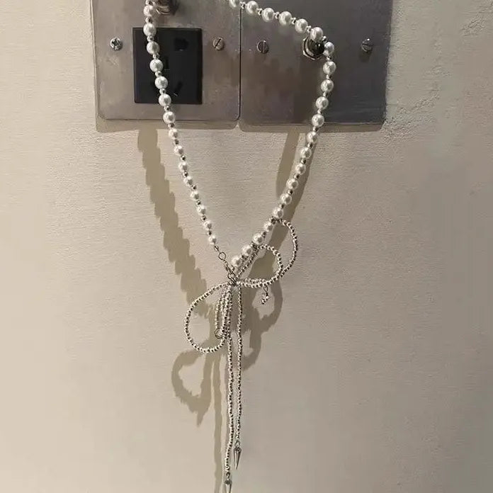 Punk Imitation Pearl Bowknot Hiphop Metal Bead Tassel Necklace Unisex
