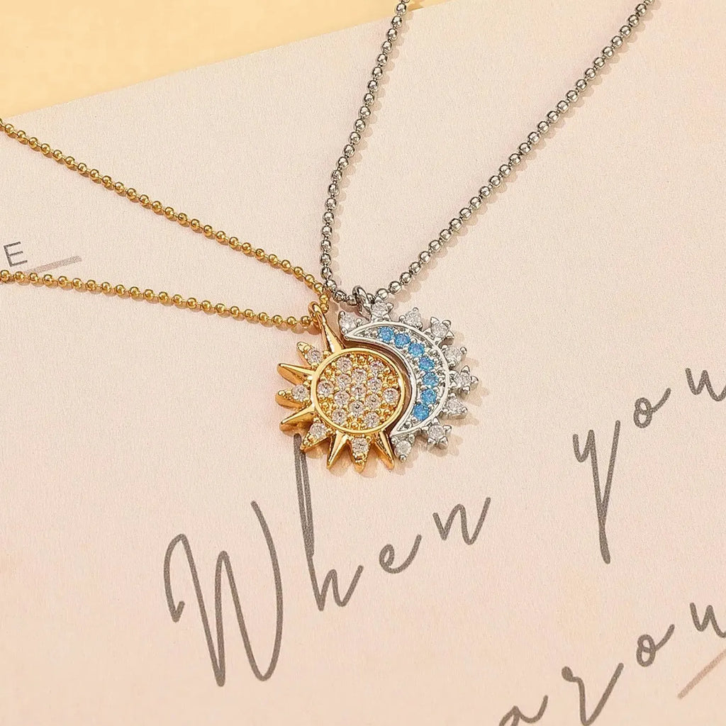 Copper Sun Moon Pendant Necklace with Rhinestones Vintage Jewelry Gift
