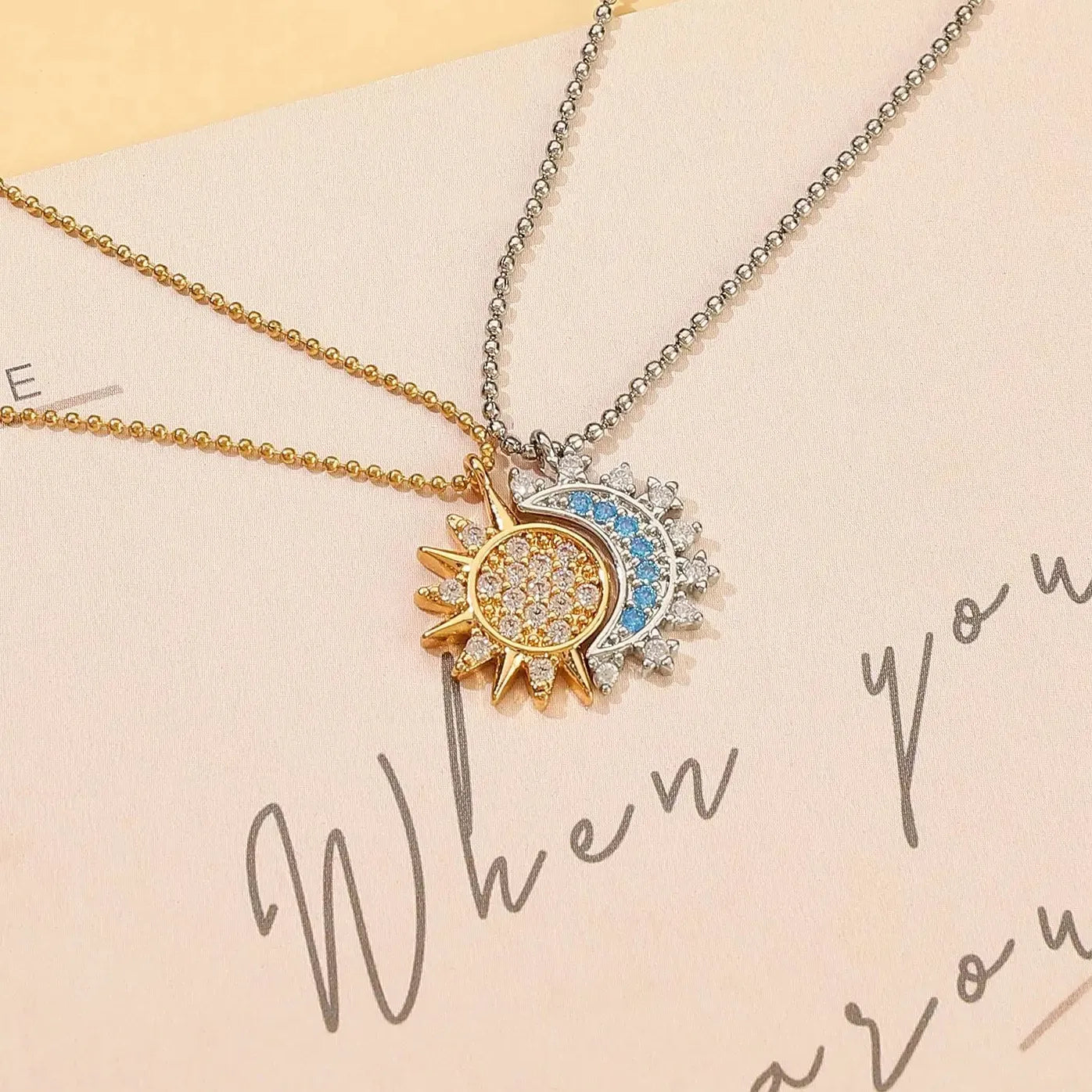 Copper Sun Moon Pendant Necklace with Rhinestones Vintage Jewelry Gift