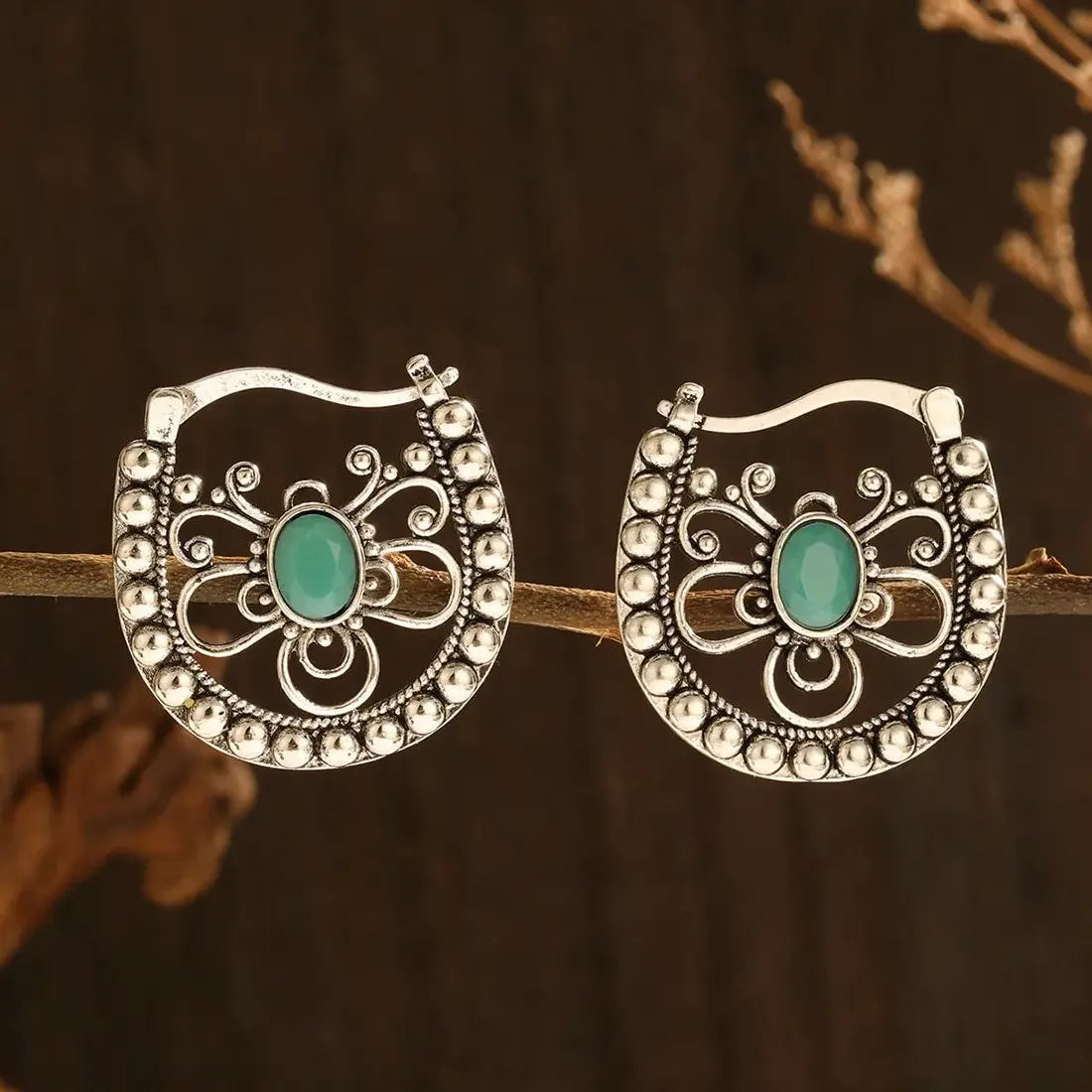 Bohemian Green Resin Inlaid Hollow Flower Drop Earrings Women's Wedding Jewelry