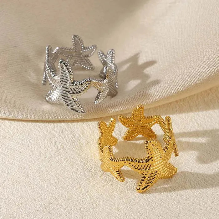 Adjustable Stainless Steel Gold Starfish Ring for Women Fashion Jewelry Gift