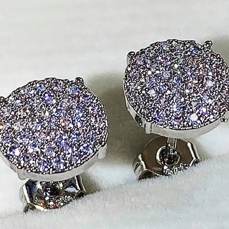 Round Stud Earrings with Shiny CZ Stone Silver Gold Copper Metal Jewelry Women