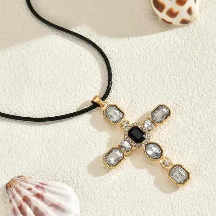 Crystal Cross Pendant Necklace Leather Choker Punk Gothic Hip Hop Unisex Jewelry