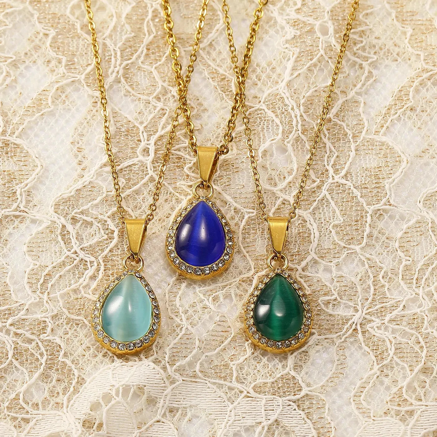 18k Gold Plated Stainless Steel Water Droplet Cat Eye Pendant Necklace Choker Women