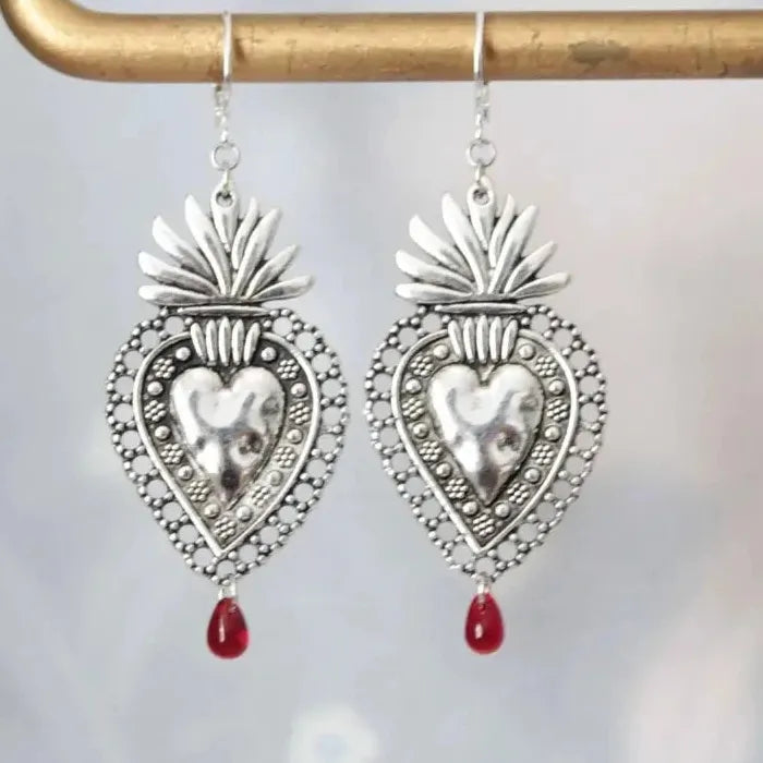 Vintage Sparkling Red Water Drop Pendant Earrings Zinc Alloy Sacred Heart Mom Gift