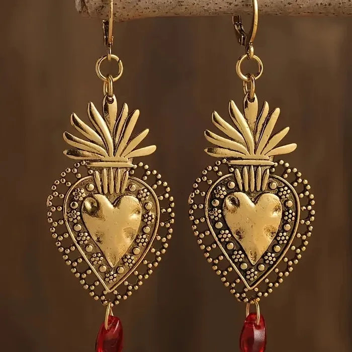 Vintage Sparkling Red Water Drop Pendant Earrings Zinc Alloy Sacred Heart Mom Gift
