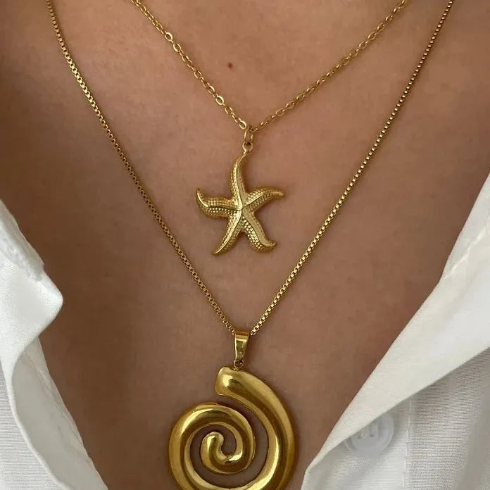 Stainless Steel Starfish Pendant Necklace for Women Gold Spiral Chain Jewelry