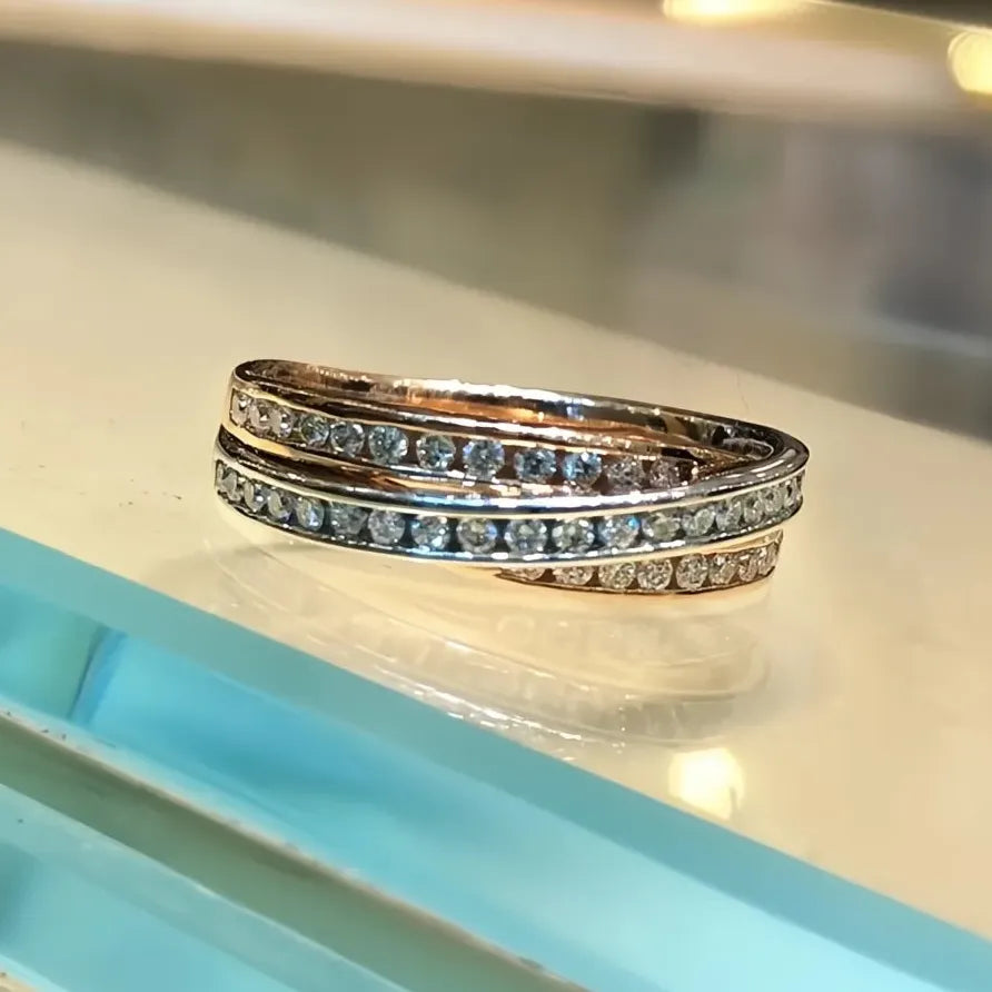Two Tone Brass CZ Geometric Cross Wedding Rings for Women