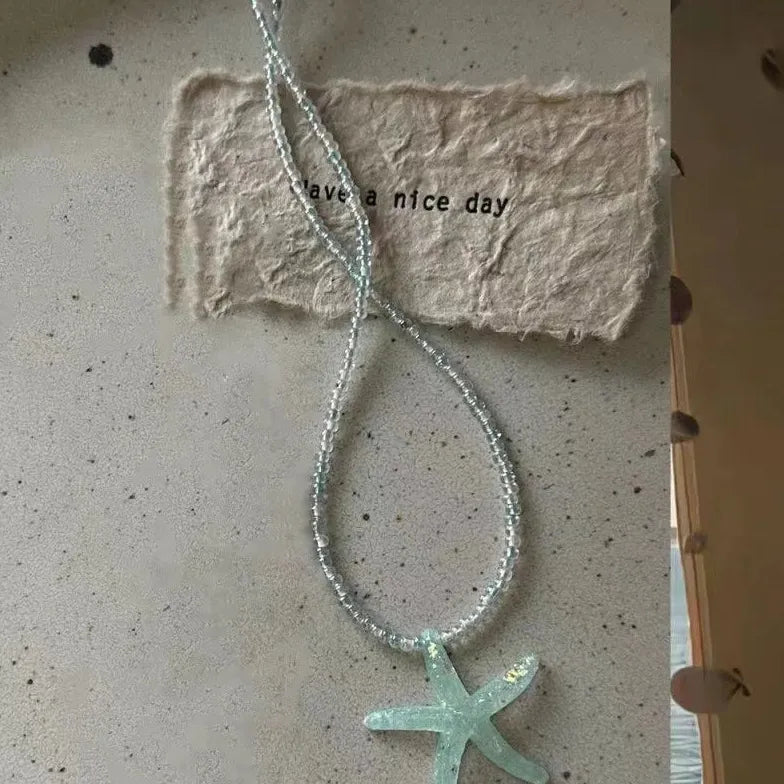 Y2K Blue Acrylic Starfish Pendant Necklace for Women Colorful Bead Choker
