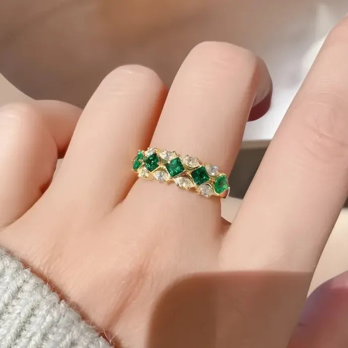 Luxury Gold Green Cubic Zirconia Geometric Wedding Ring for Women Jewelry