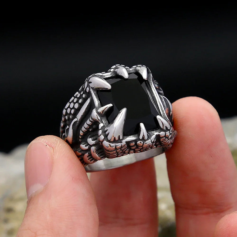 Vintage Punk Dragon Claws Ring Stainless Steel Black Stone Unisex Jewelry Gift
