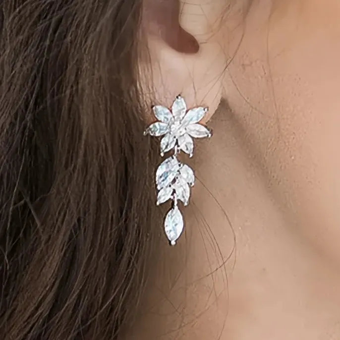 Copper Geometric Flower Drop Earrings with Cubic Zirconia for Wedding Jewelry