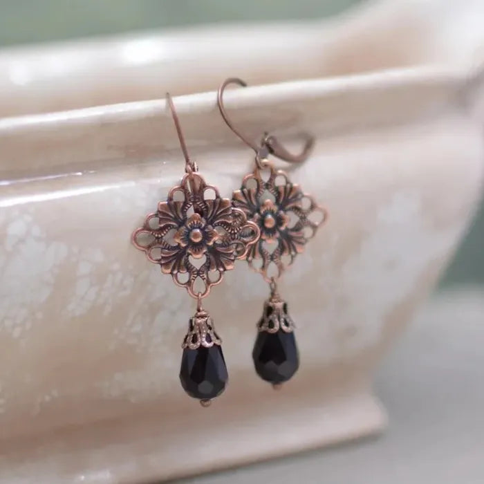 Vintage Silver Zinc Alloy Black Stone Geometric Hollow Flower Earrings for Women