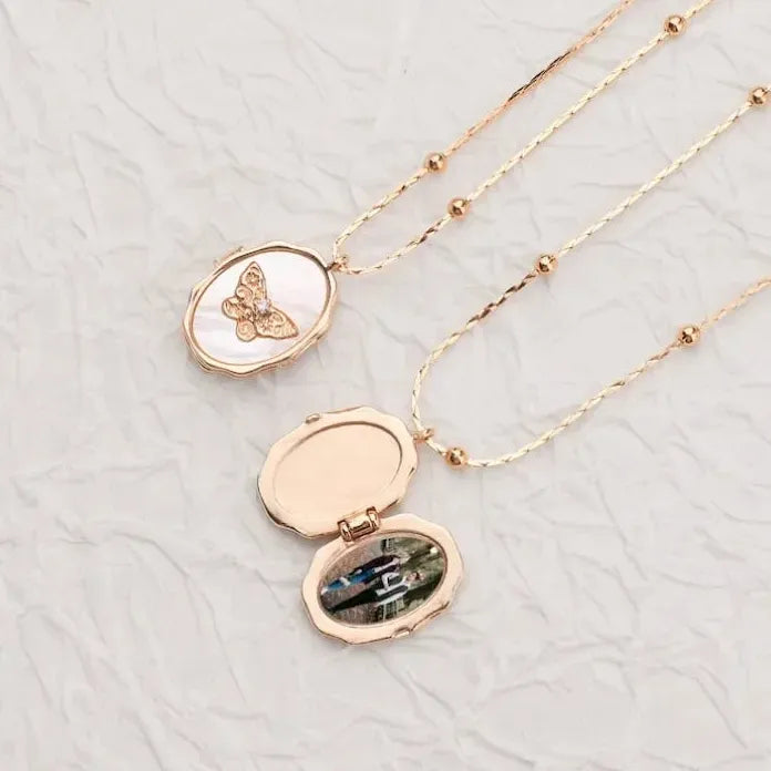 Custom Butterfly Shell Photo Locket Necklace Women Stainless Steel Vintage Memorial Jewelry Mother's Day Gift