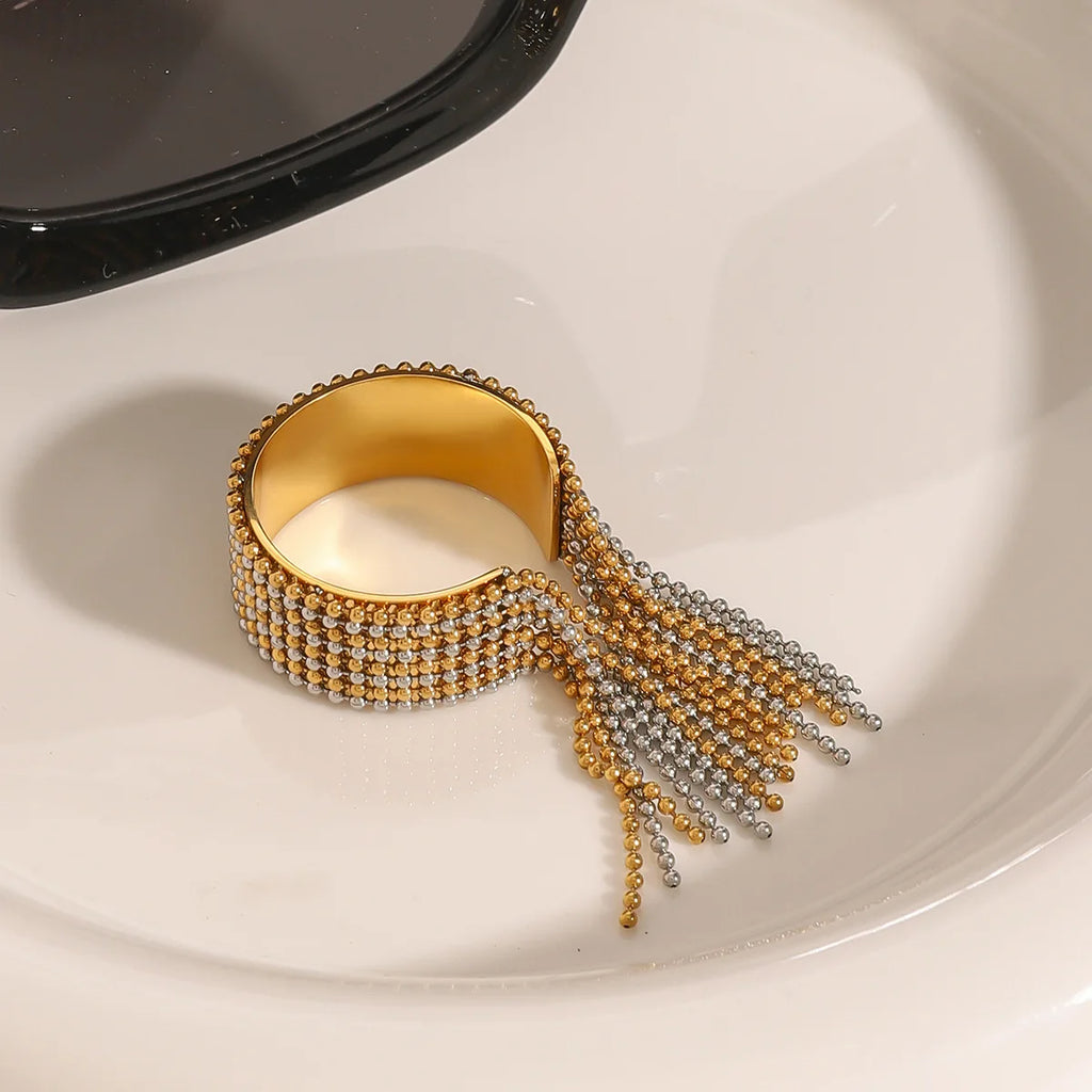 18k Gold Plated Stainless Steel Geometric Multi-Layer Tassel Chain Ring Women
