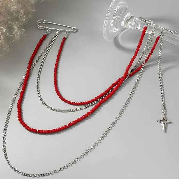 Red Rice Bead Tassel Brooch Zinc Alloy Punk Star Pendant Jewelry for Women