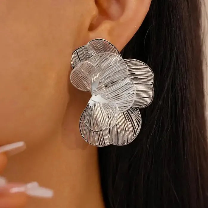Elegant Multi Layer Metal Petal Flower Stud Earrings for Women Nature Jewelry