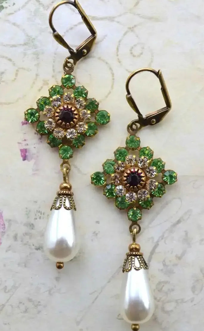Gold Color Drop Earrings with White Red Green Stones & Imitation Pearls for Women