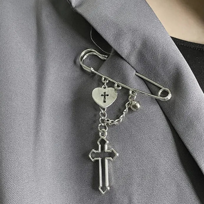 Y2K Punk Gothic Silver Zinc Alloy Cross Tassel Brooch for Men Women