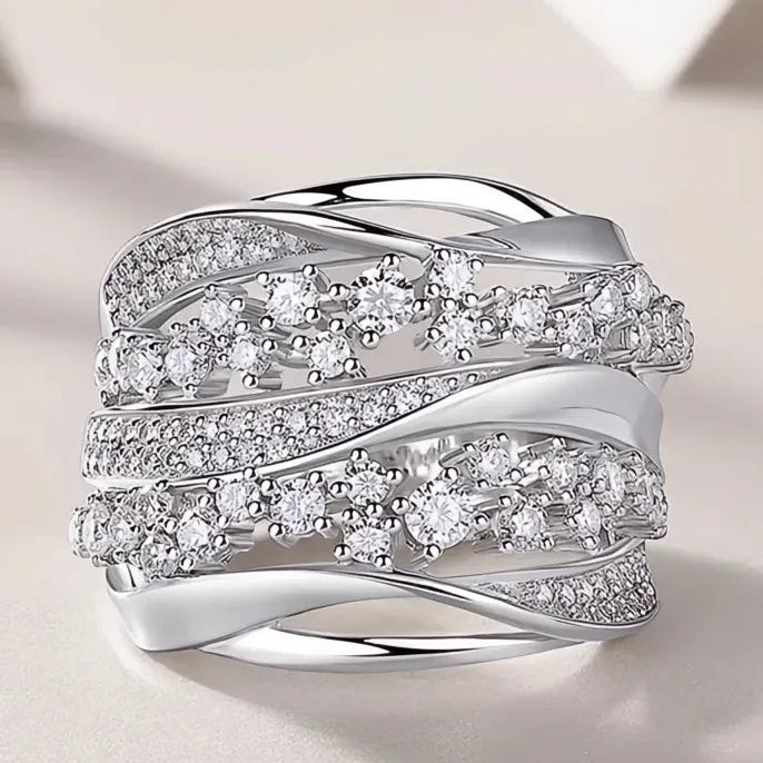 Women's Luxury Wave Brass CZ Geometric Cocktail Ring for Wedding & Party