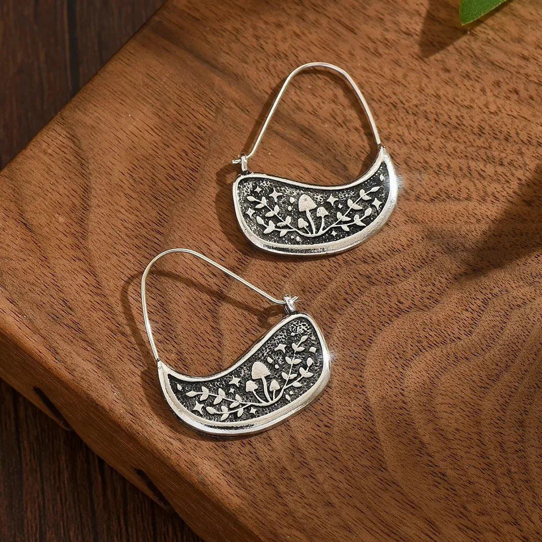 Boho Vintage Silver Color Flower Hoop Earrings for Women Copper Metal