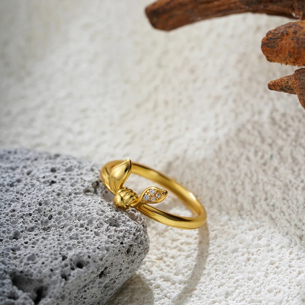 Creative Rabbit Ears Ring for Women Girls 18K Gold Plated Stainless Steel CZ Zircon Jewelry
