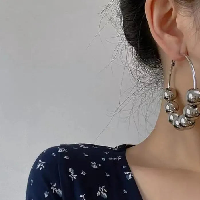 Silver Round Smooth Beaded Hoop Earrings Large Circle Drop for Women