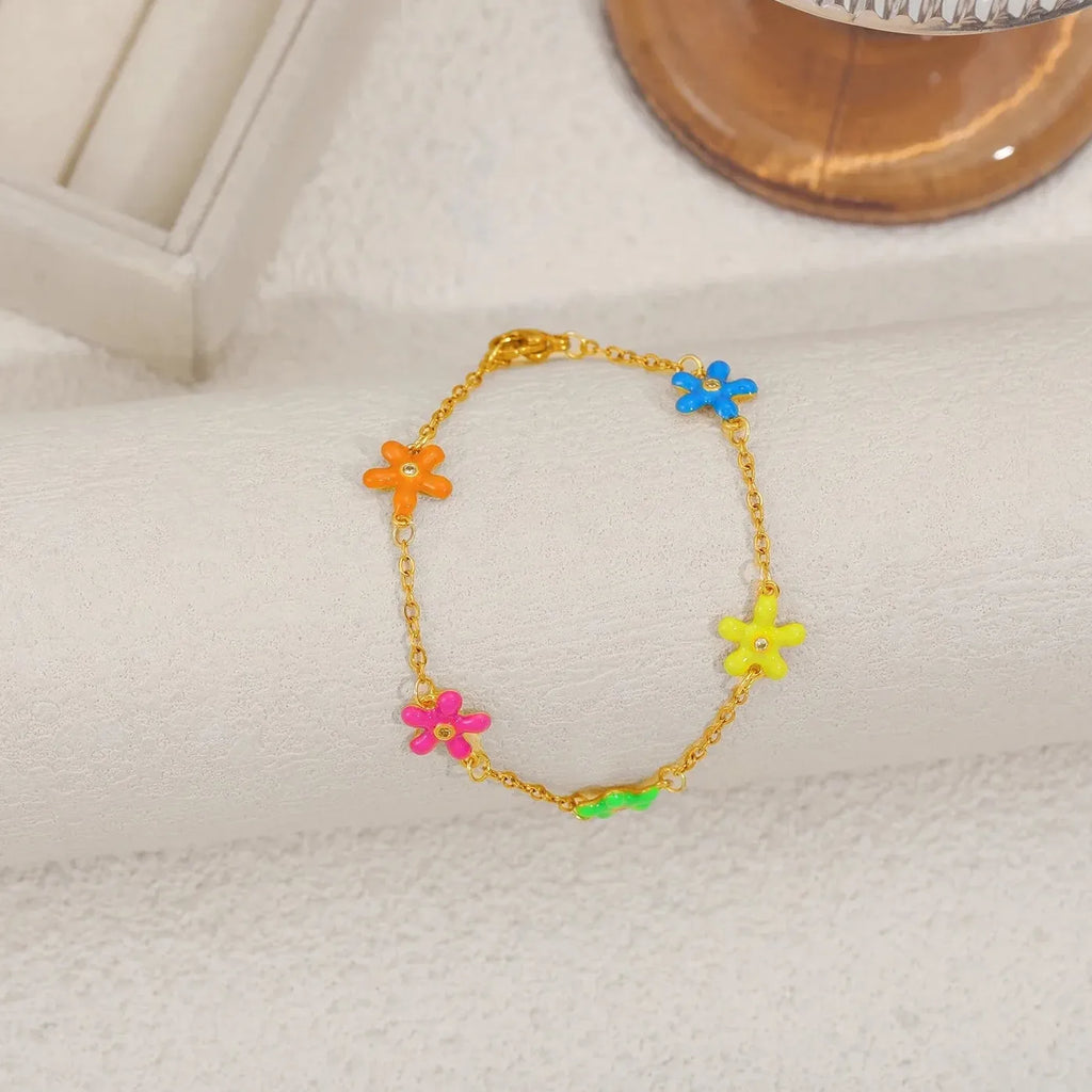 Handmade 18k Gold Plated Multicolor Enamel Wildflower Daisy Bracelet Anklet Gift
